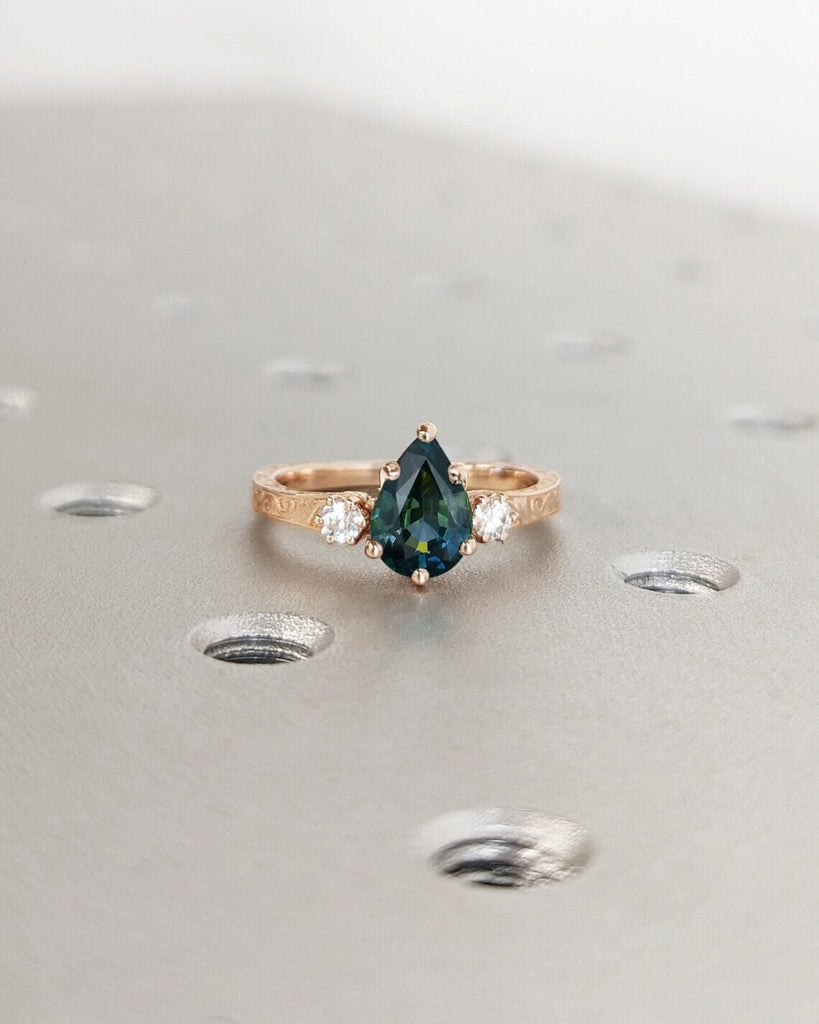 One of a Kind Montana Sapphire Ring, Pear Teal Sapphire Diamond/Moissanite Trellis Ring, Vintage Inspired Peacock Sapphire Engagement Ring