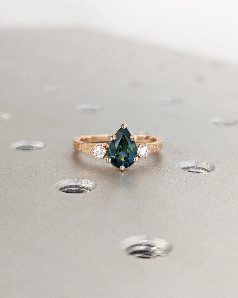 Pear Cut Teal Blue Green Montana Sapphire Engagement Ring, Sapphire and Diamond/Moissanite Trellis Ring, Nature Inspired Filigree Gold Ring