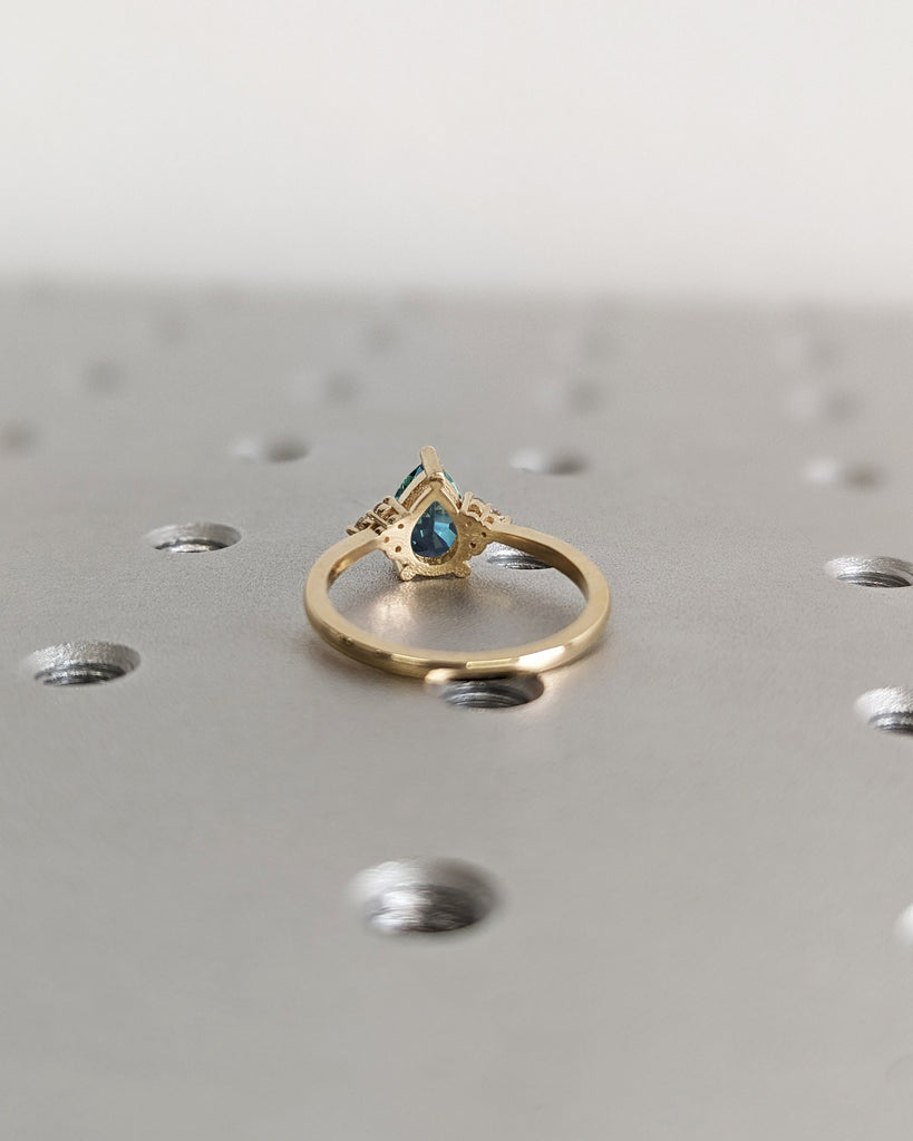 One of a Kind Montana Sapphire Ring, Pear Teal Sapphire Diamond/Moissanite Cluster Ring, Vintage Inspired Peacock Sapphire Engagement Ring