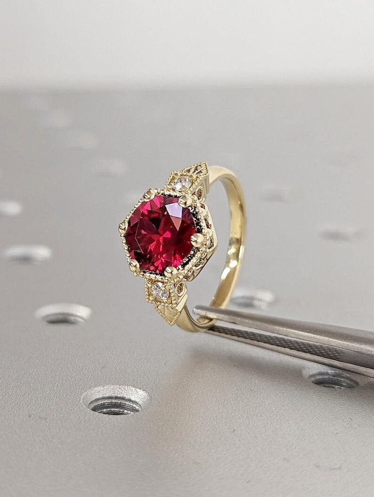 14K Solid Gold Ruby July Birthstone Ring, Round Cut Diamond Trellis Ring, Vintage Dainty Ruby Ring, Stackable Red Gemstone Handmade Jewelry