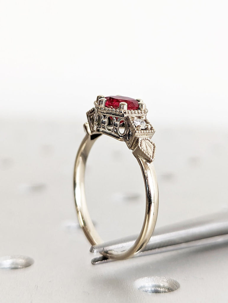 14K Solid Gold Ruby July Birthstone Ring, Round Cut Diamond Trellis Ring, Vintage Dainty Ruby Ring, Stackable Red Gemstone Handmade Jewelry