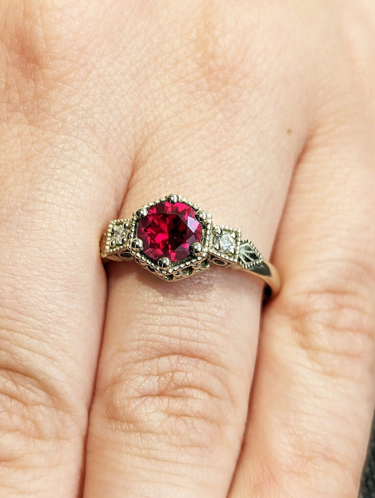 14K Solid Gold Ruby July Birthstone Ring, Round Cut Diamond Trellis Ring, Vintage Dainty Ruby Ring, Stackable Red Gemstone Handmade Jewelry