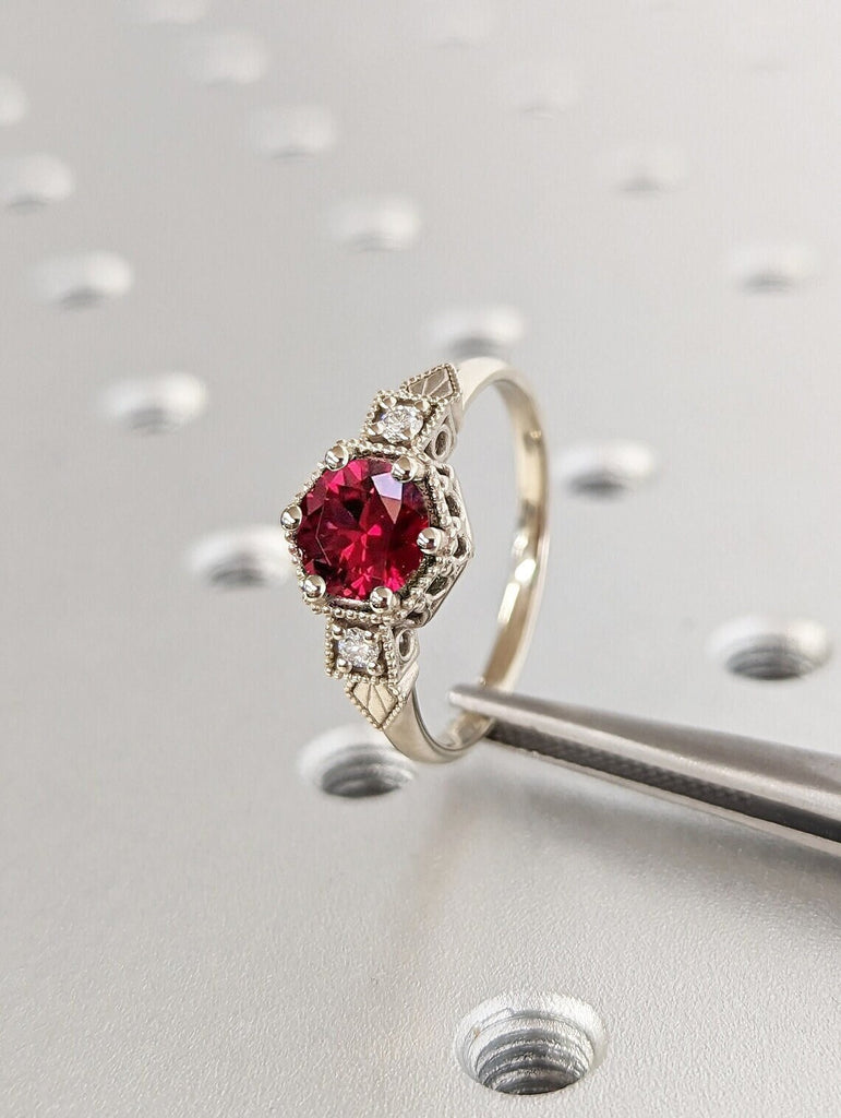 14K Solid Gold Ruby July Birthstone Ring, Round Cut Diamond Trellis Ring, Vintage Dainty Ruby Ring, Stackable Red Gemstone Handmade Jewelry