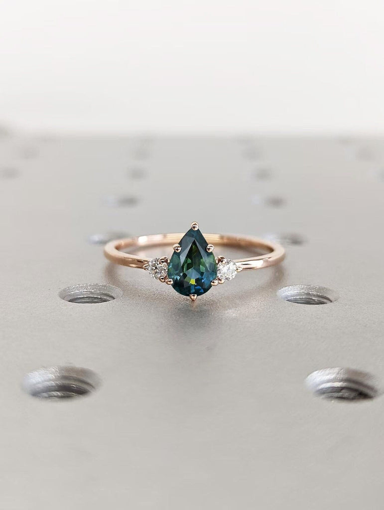 1ct Pear cut Natural Montana Teal Sapphire Engagement Cocktail Ring for Her Rose Gold Diamond Band