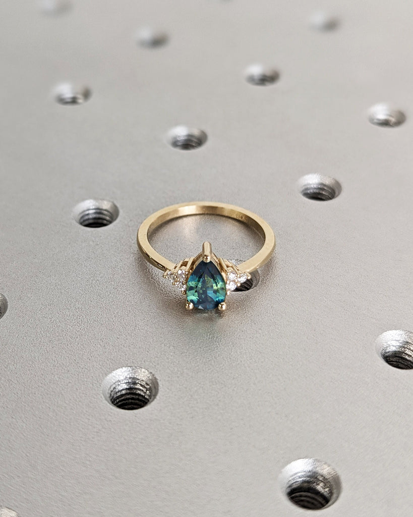 Unique Blue Green Pear Shape Montana Sapphire Engagement Ring, Sapphire and Diamond/Moissanite Cluster Ring, Vintage Style Wedding Gold Ring