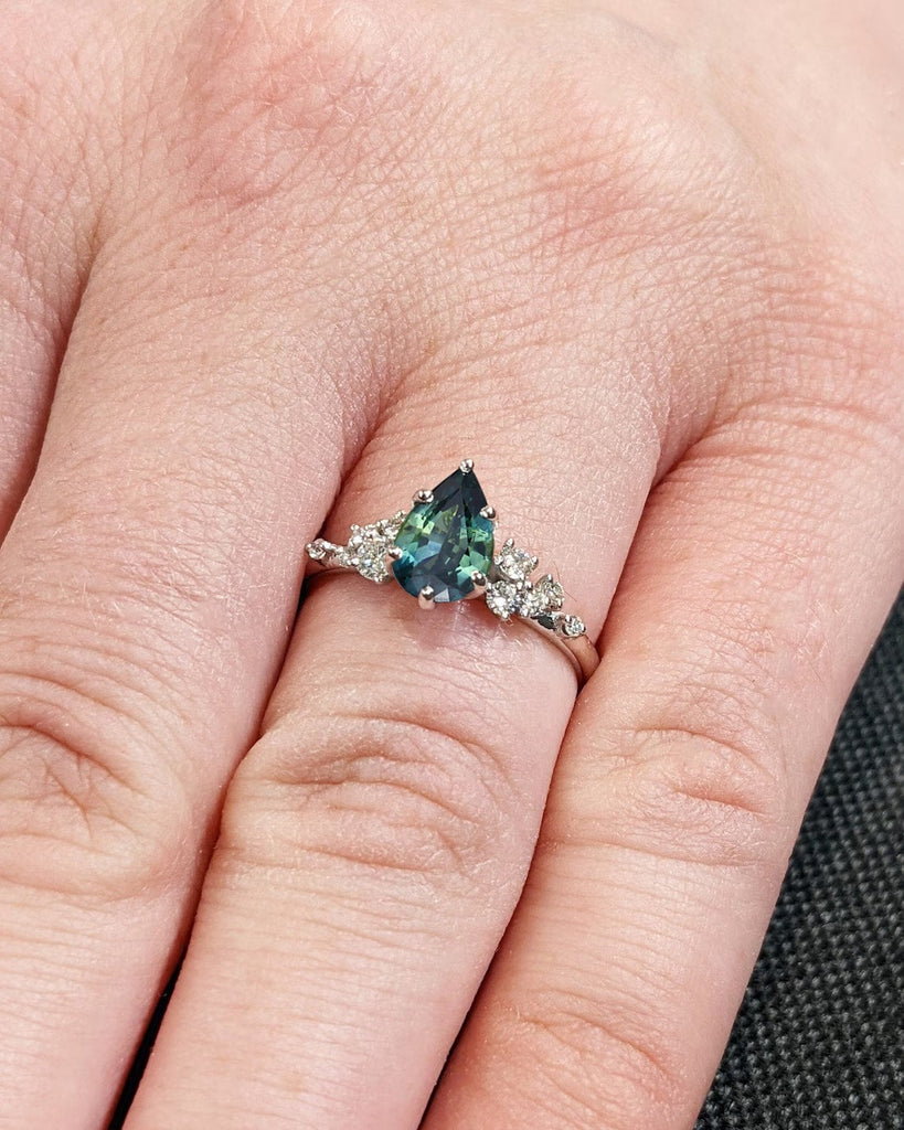 One of a Kind Montana Sapphire Ring, Pear Teal Sapphire, Snowdrift Cluster Ring Six-Prong, Vintage Inspired Peacock Sapphire Engagement Ring