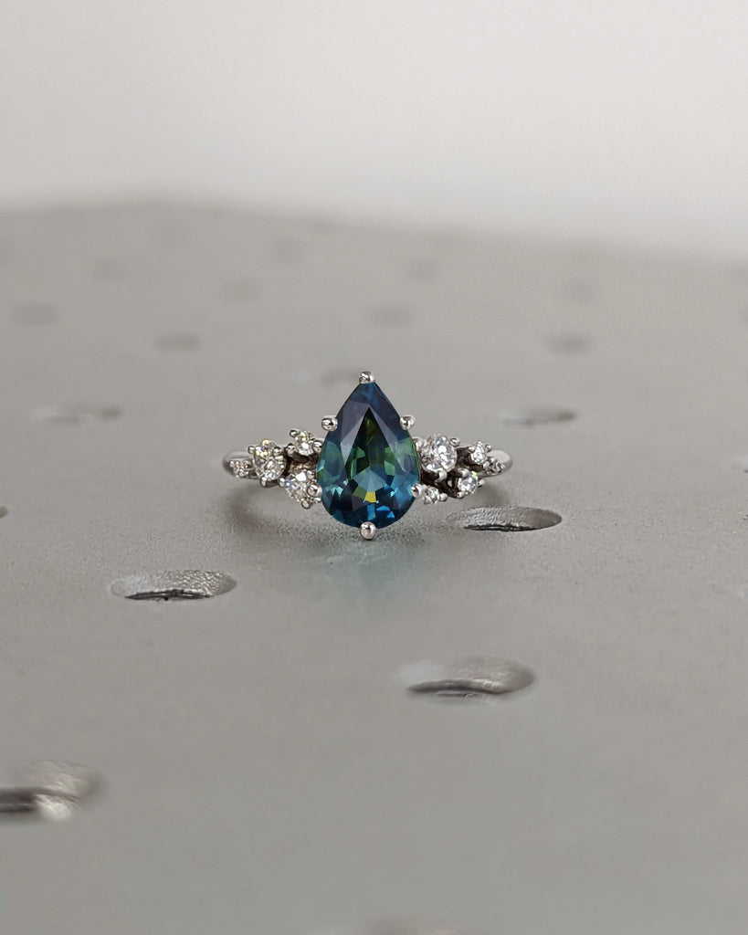 One of a Kind Montana Sapphire Ring, Pear Teal Sapphire, Snowdrift Cluster Ring Six-Prong, Vintage Inspired Peacock Sapphire Engagement Ring