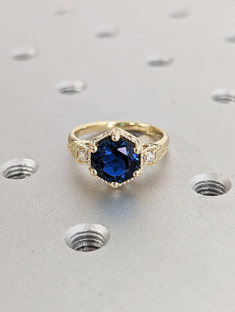 Vintage Sapphire Ring, Blue Gemstone Wedding Ring, Round Cut Gold Ring, Handmade Jewelry, Gift for Her, September Birth Sapphire Stone Ring