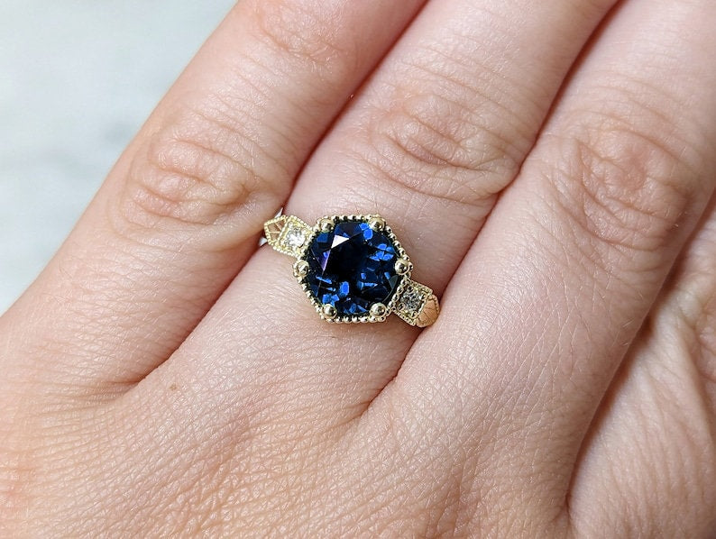 Vintage Sapphire Ring, Blue Gemstone Wedding Ring, Round Cut Gold Ring, Handmade Jewelry, Gift for Her, September Birth Sapphire Stone Ring