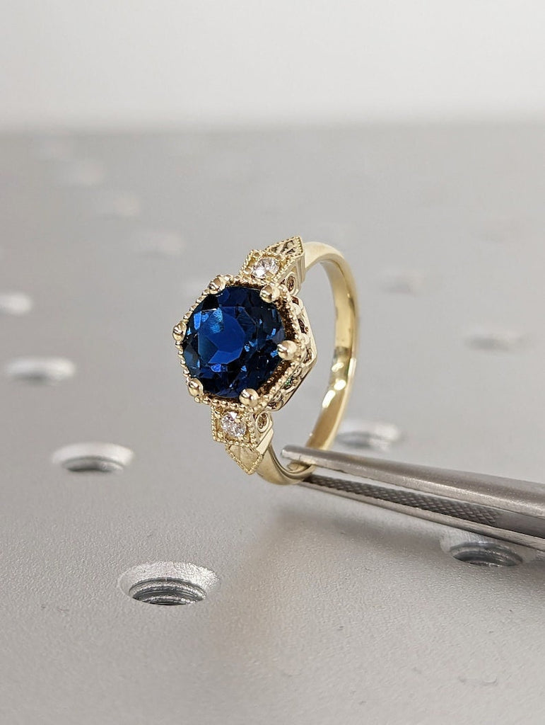 Vintage Sapphire Ring, Blue Gemstone Wedding Ring, Round Cut Gold Ring, Handmade Jewelry, Gift for Her, September Birth Sapphire Stone Ring