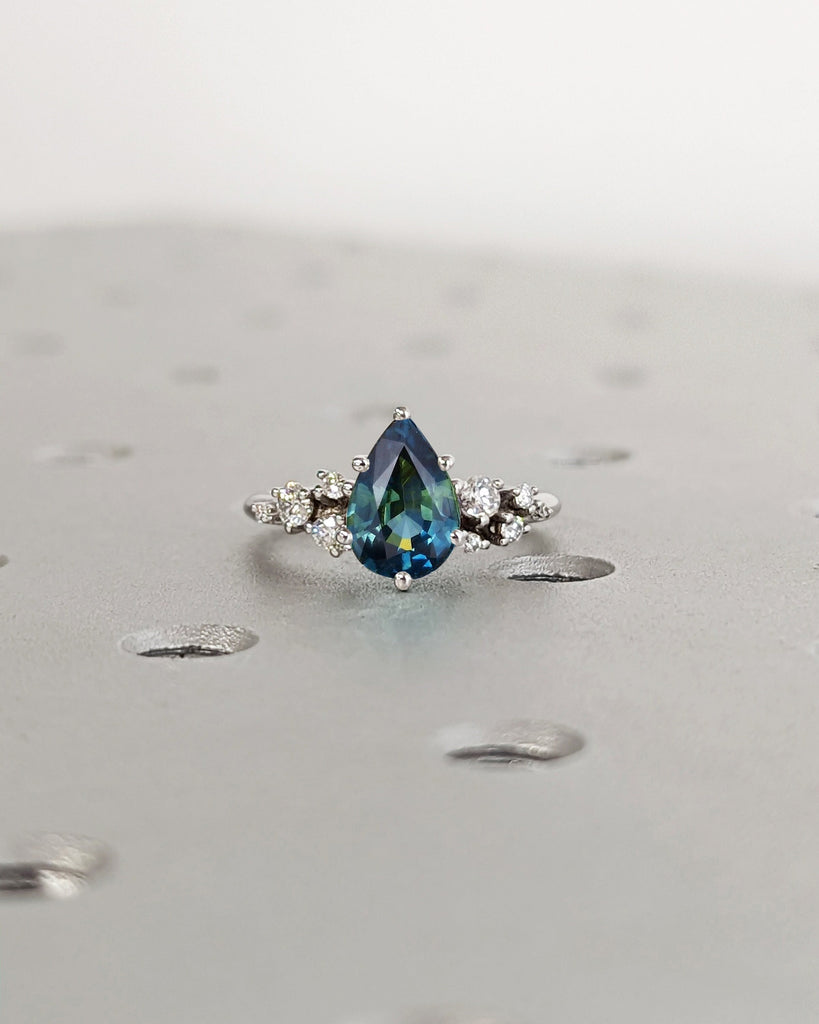 Unique Snowdrift Cluster Ring with Montana Sapphire, Blue Green Teal Peacock Vintage Sapphire, Teardrop Style Bridal Wedding Engagement Ring