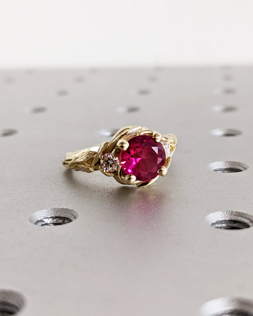 Round Red Ruby 14K Real Gold Promise Ring | Nature Inspired Leaves Motif Engagement Ring | Custom Wedding Anniversary Ring for Her | Trellis