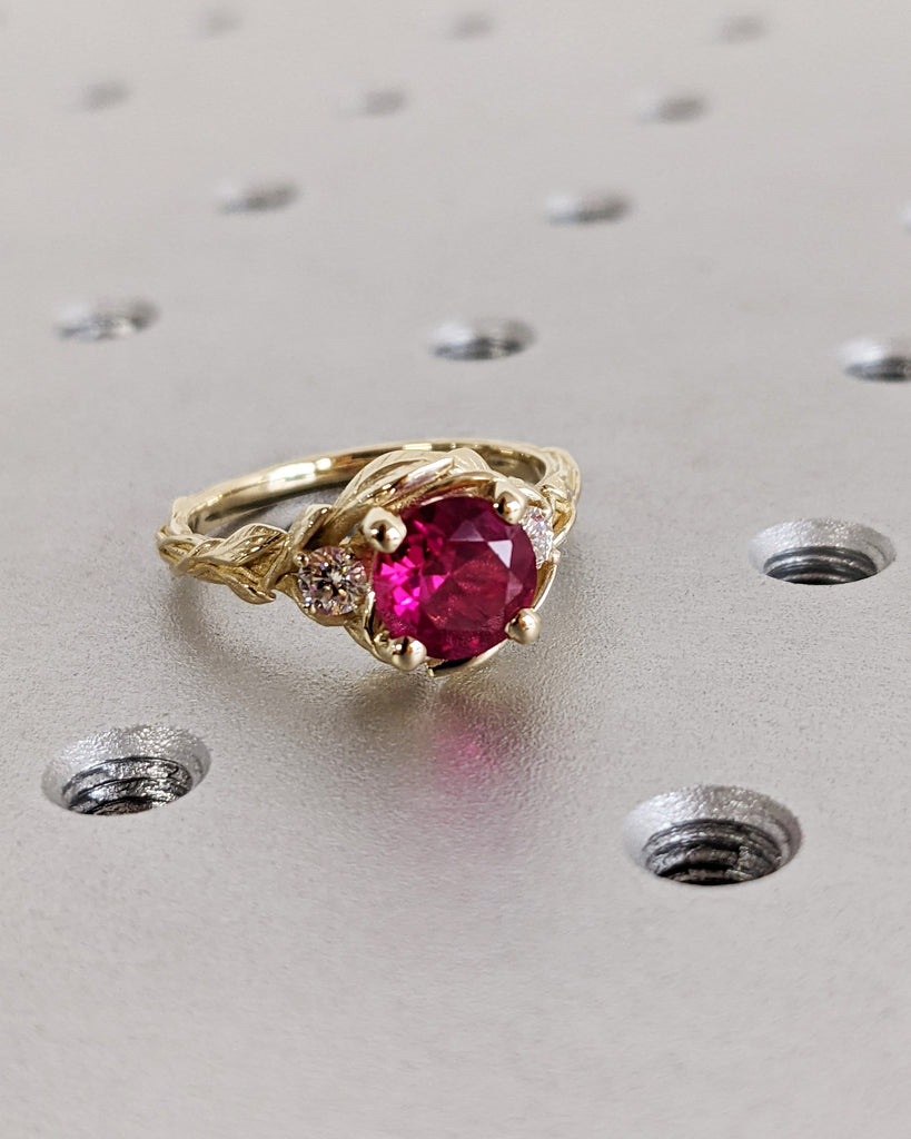Round Red Ruby 14K Real Gold Promise Ring | Nature Inspired Leaves Motif Engagement Ring | Custom Wedding Anniversary Ring for Her | Trellis