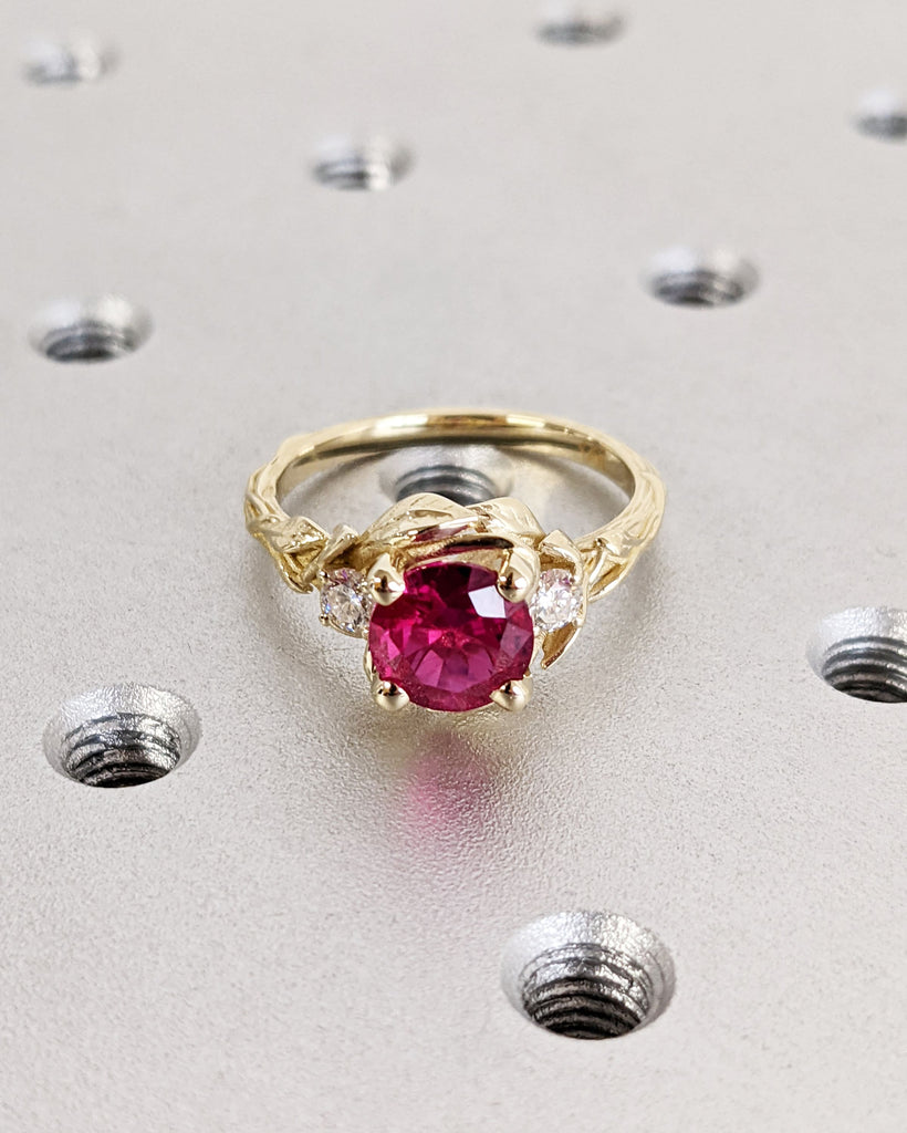 Round Red Ruby 14K Real Gold Promise Ring | Nature Inspired Leaves Motif Engagement Ring | Custom Wedding Anniversary Ring for Her | Trellis