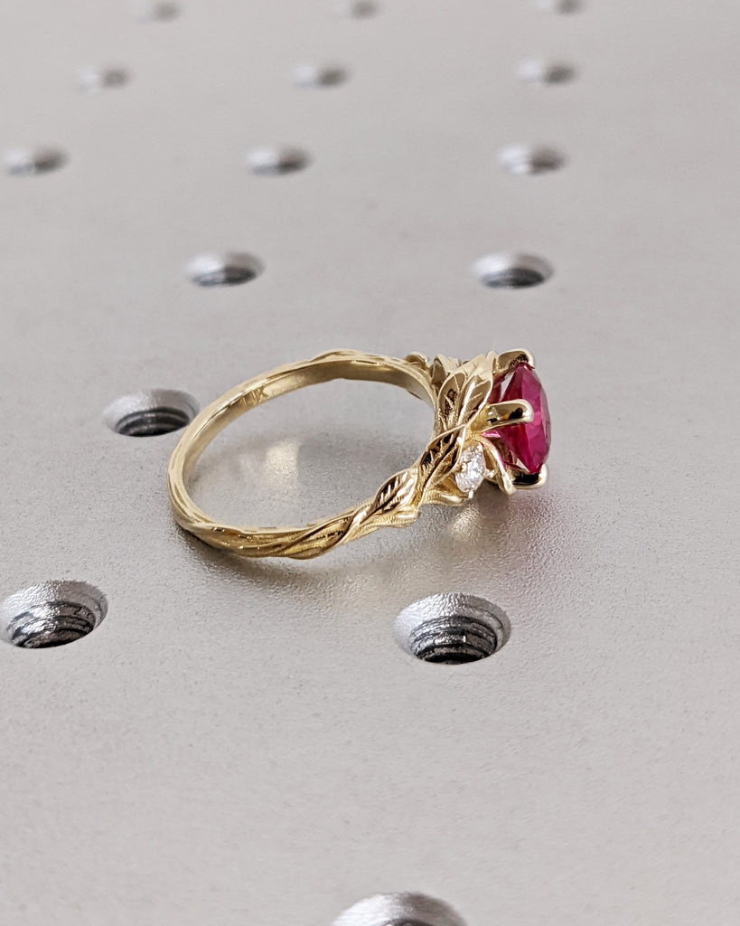 Round Red Ruby 14K Real Gold Promise Ring | Nature Inspired Leaves Motif Engagement Ring | Custom Wedding Anniversary Ring for Her | Trellis