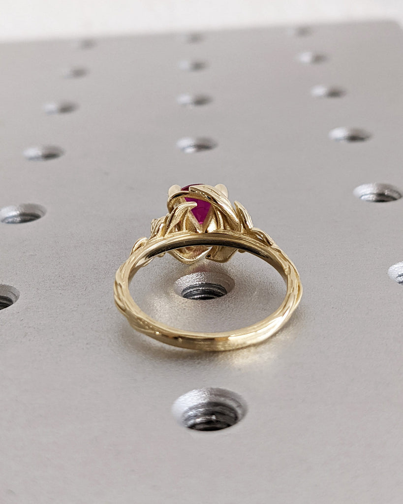 Round Red Ruby 14K Real Gold Promise Ring | Nature Inspired Leaves Motif Engagement Ring | Custom Wedding Anniversary Ring for Her | Trellis