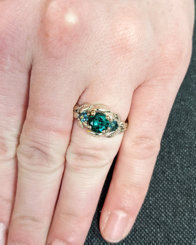 Nature Inspired Emerald Bridal Ring / Branch Emerald Engagement Ring / Leaf Emerald Engagement Ring / Art Deco / Trellis / Peacock Sapphire