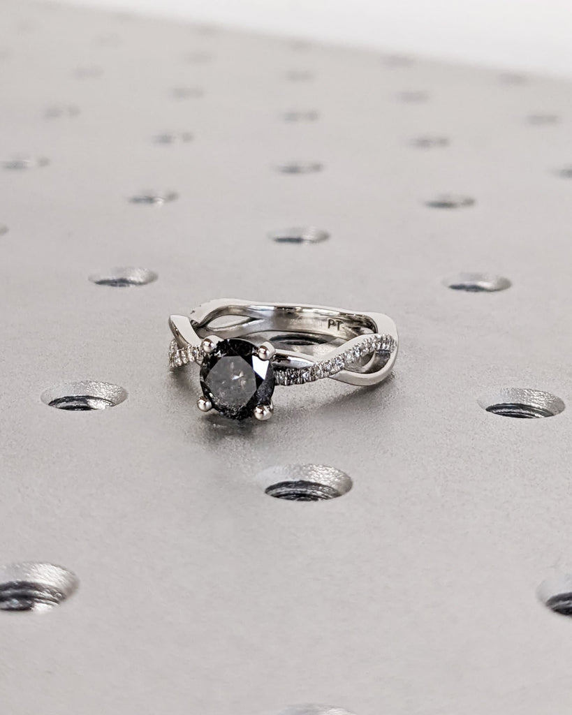 Twisted Knot Salt and Pepper Diamond Ring / Petite Woven Braid Platinum Gold Band / Round Cut Solitaire Diamond Twisted Vine Engagement Ring