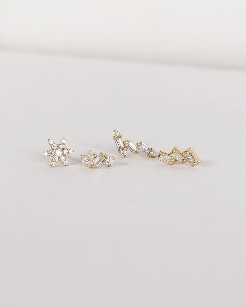 Single (1pc) or Half Pair Stud Earring Collection, Platinum 14K 18K Gold Studs, Small Flower Pear Baguette Round Lab Diamond Cluster Earring