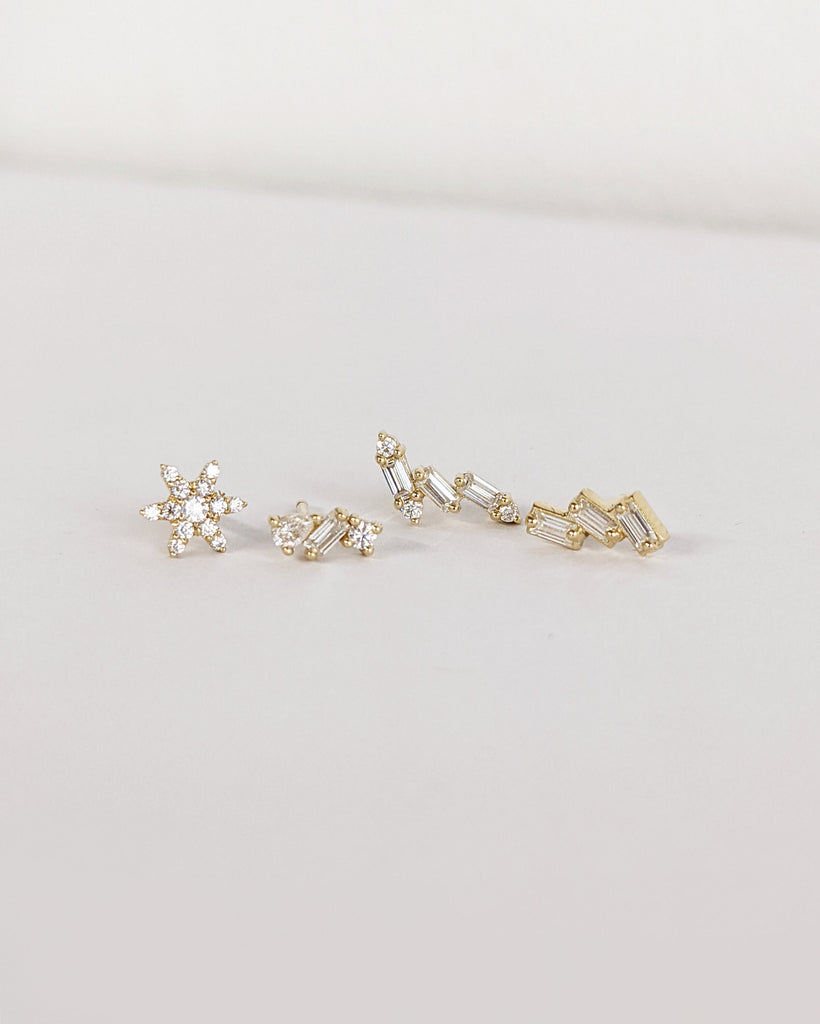 Single (Half Pair) Earring Collection / Platinum 14K 18K Gold Studs / Small Flower Pear Baguette Round Moissanite Cluster Earring Studs Gift