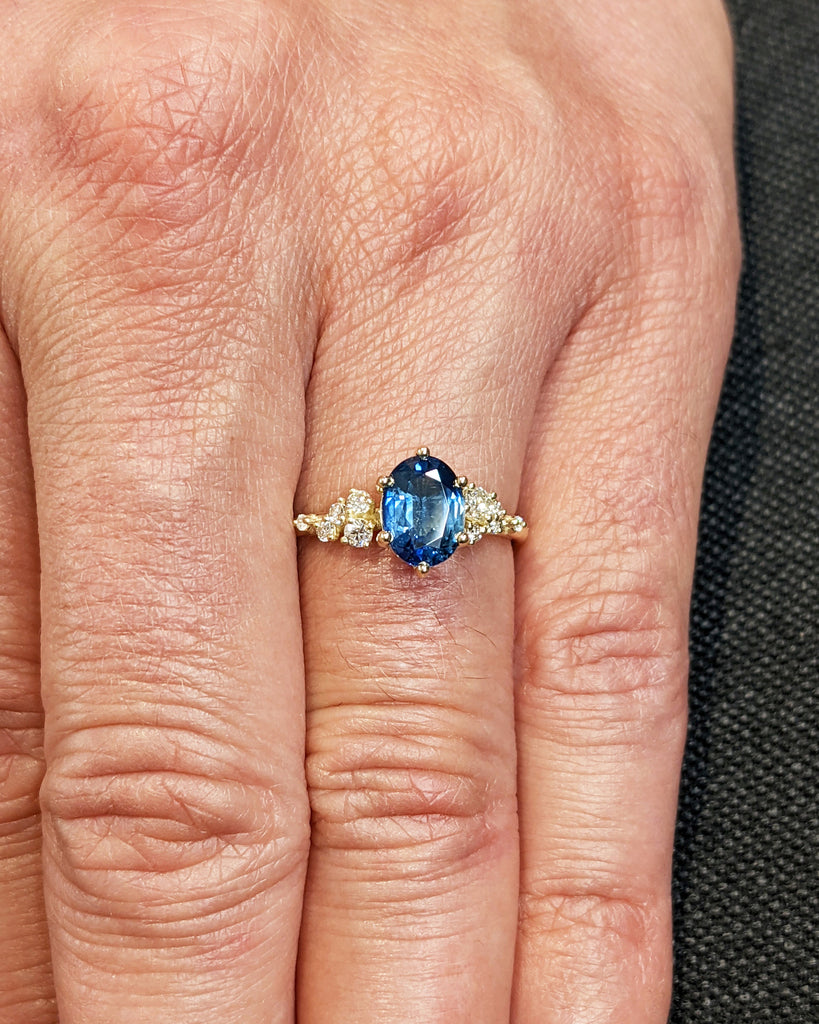 Art Deco Natural Blue Sapphire Engagement Ring For Woman- Snowdrift Cluster- Vintage Sapphire Promise Ring- 14K Gold- September Birthstone