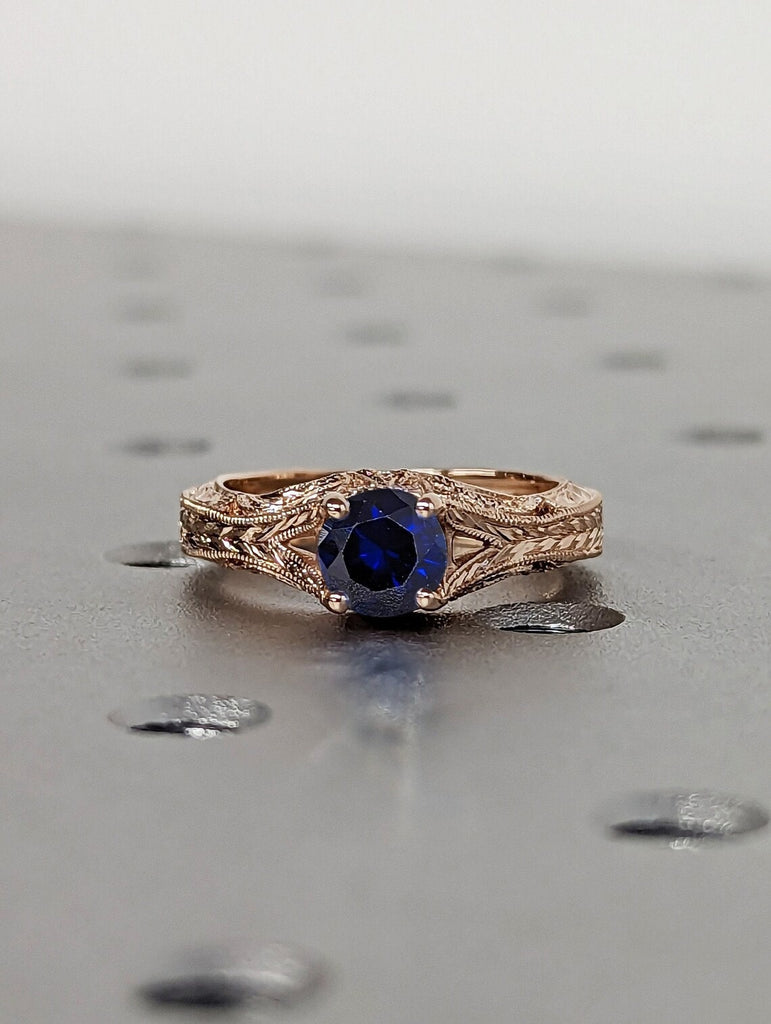 Split Shank Round cut Blue Lab Sapphire Solitaire Wedding Anniversary Cocktail Ring For Her | 14K 18K Rose Gold Milgrain Filigree Jewelry