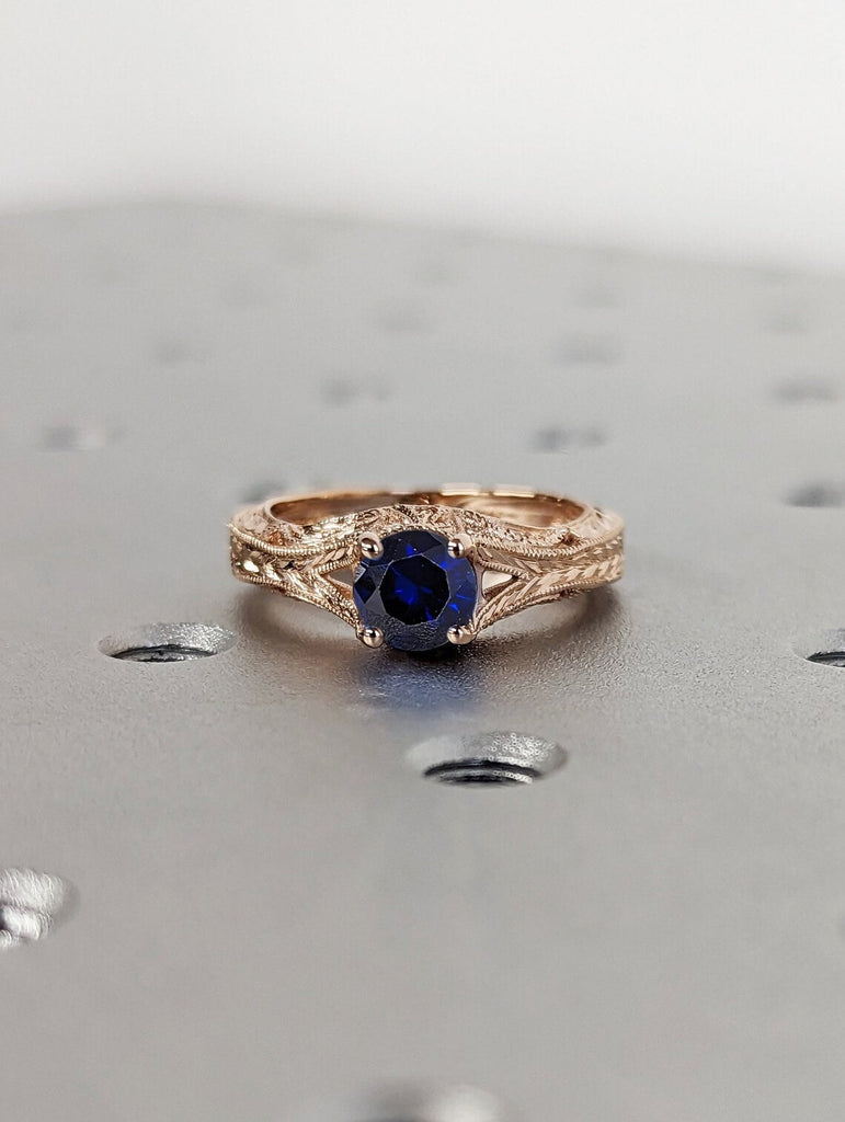 Round cut Blue Lab Sapphire Solitaire Split Shank Vintage Engagement Ring for Her 14K 18K Rose Gold Milgrain Band