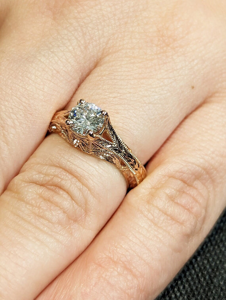 0.5ct Round cut Lab Grown Diamond Split Shank Engagement Ring 14K 18K Gold Milgrain Filigree Wedding Anniversary Proposal Ring for Her