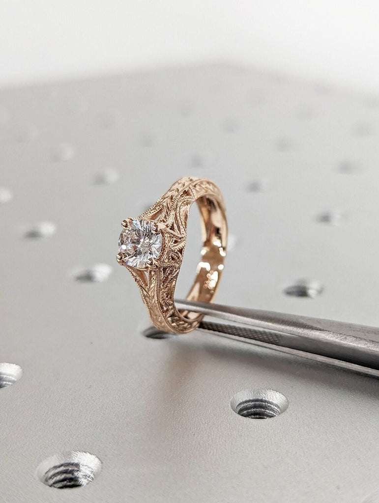 0.5ct Round cut Lab Grown Diamond Split Shank Engagement Ring Rose Gold Milgrain Edged Wedding Band for Her
