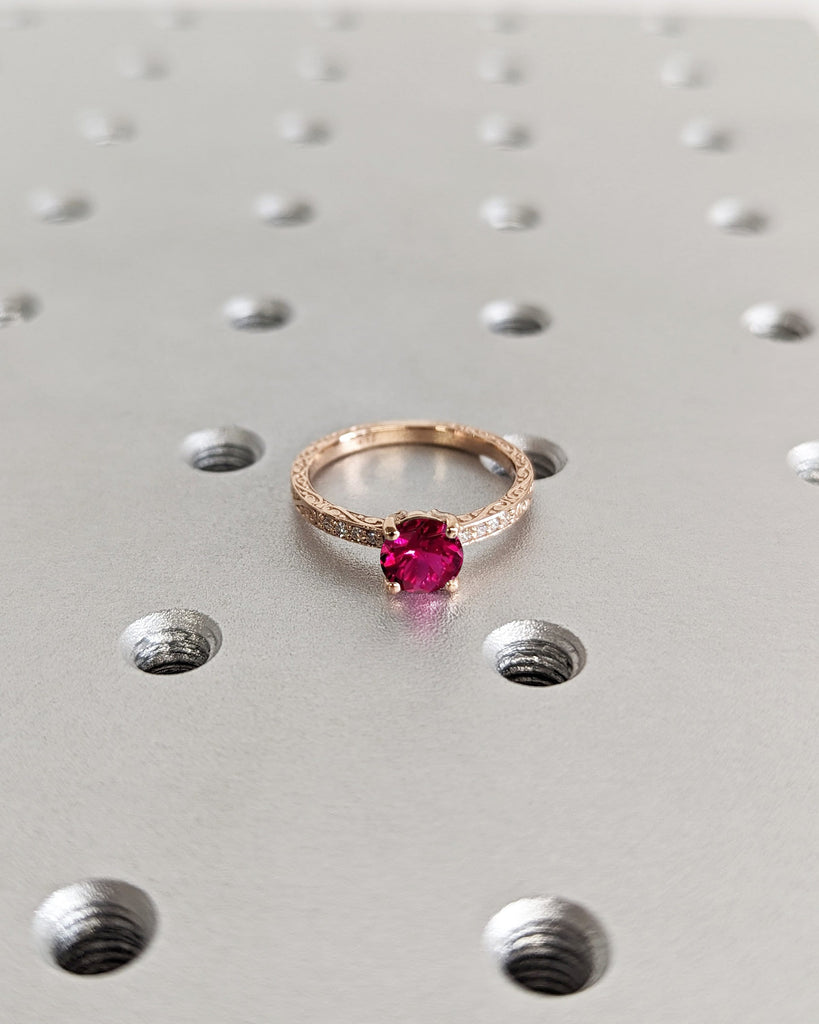 Round Ruby Ring 18K Solid Rose Gold Gemstone Engagement Ring For Women Dainty Promise Ring July Birthstone Anniversary Gift For Her Art Deco