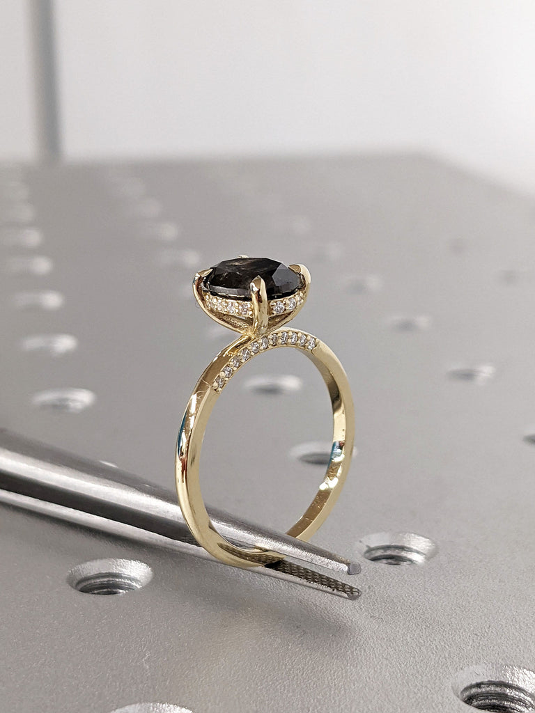 Salt and Pepper Diamond Solitaire Paved Bridge Yellow Gold Moissanite Hidden Halo Statement Cocktail Ring