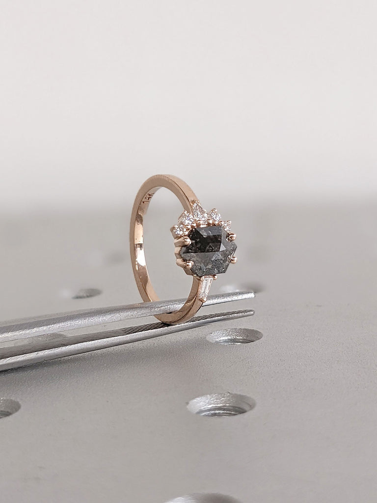 Hexagon Salt and Pepper Diamond Cluster 14K Rose Gold Engagement Ring for Her