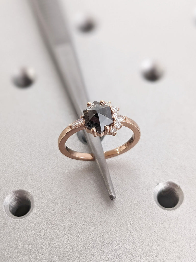 Salt and Pepper Diamond Tapered Baguette Hexagon cut Multi Stone Rose Gold Cocktail Proposal Ring