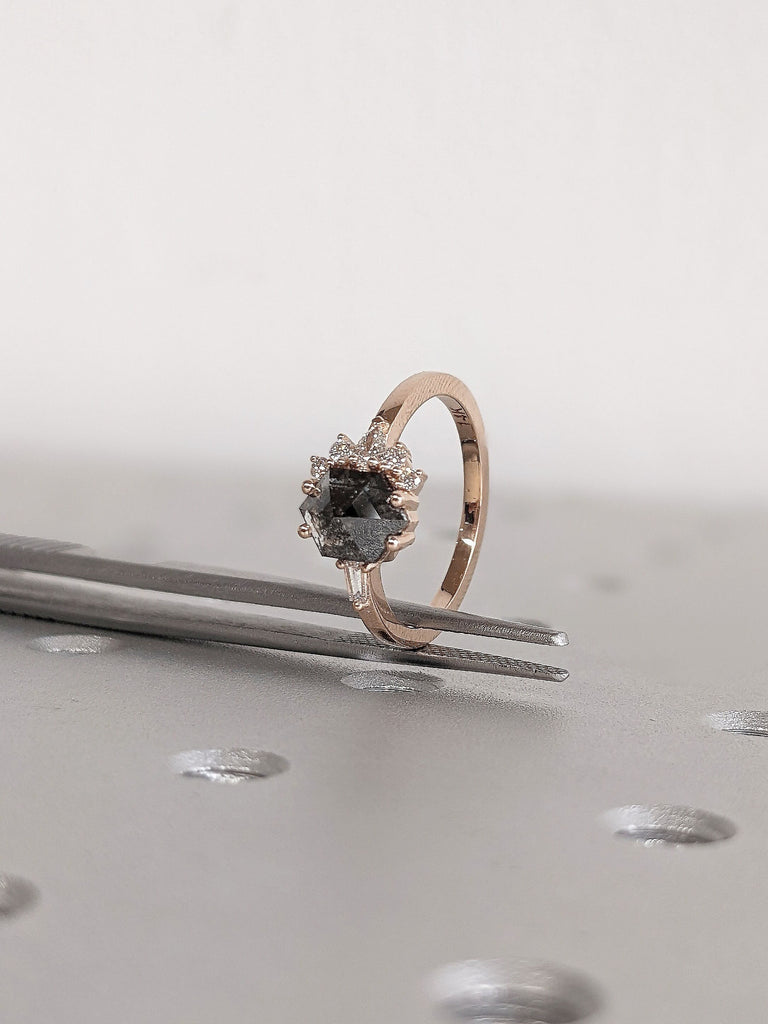 Hexagon Salt and Pepper Galaxy Diamond Moissanite Cluster 14K 18K Rose Gold Engagement Cocktail Ring for Her