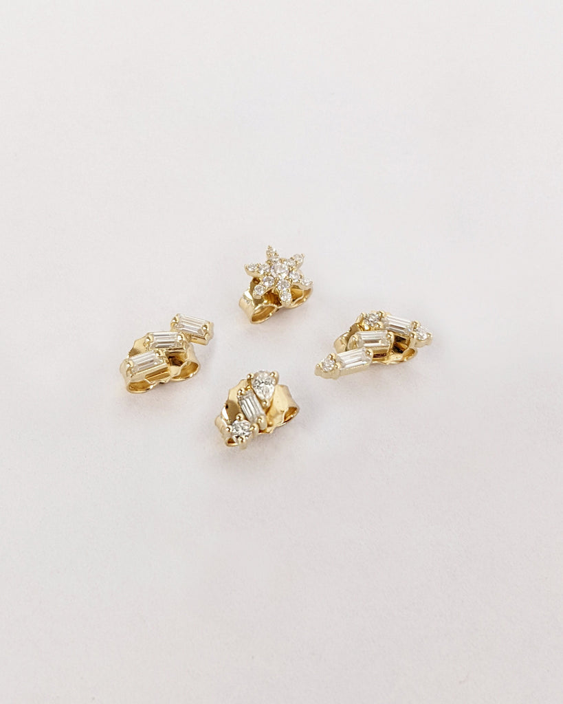 Dainty Single or Half Pair Stud Earring Collection • 14K 18K Solid Gold Stud Earrings • Nature Inspired Diamond Cluster Minimalist Piercings