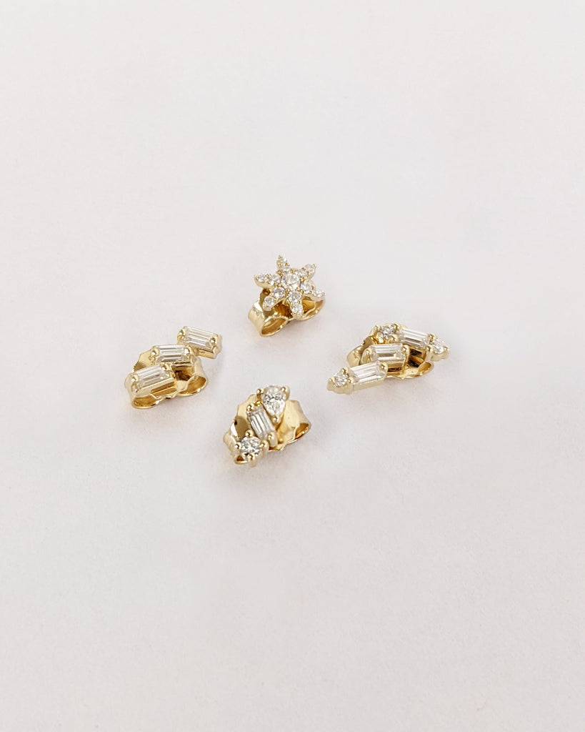 Single (Half Pair) Earring Collection / Platinum 14K 18K Gold Studs / Small Flower Pear Baguette Round Moissanite Cluster Earring Studs Gift