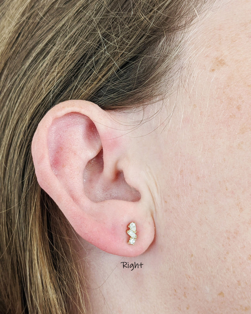 Pear, Round, Baguette cut Solid Gold or Platinum Lab Grown Diamond Multi Stone Dainty Screw Back Earrings