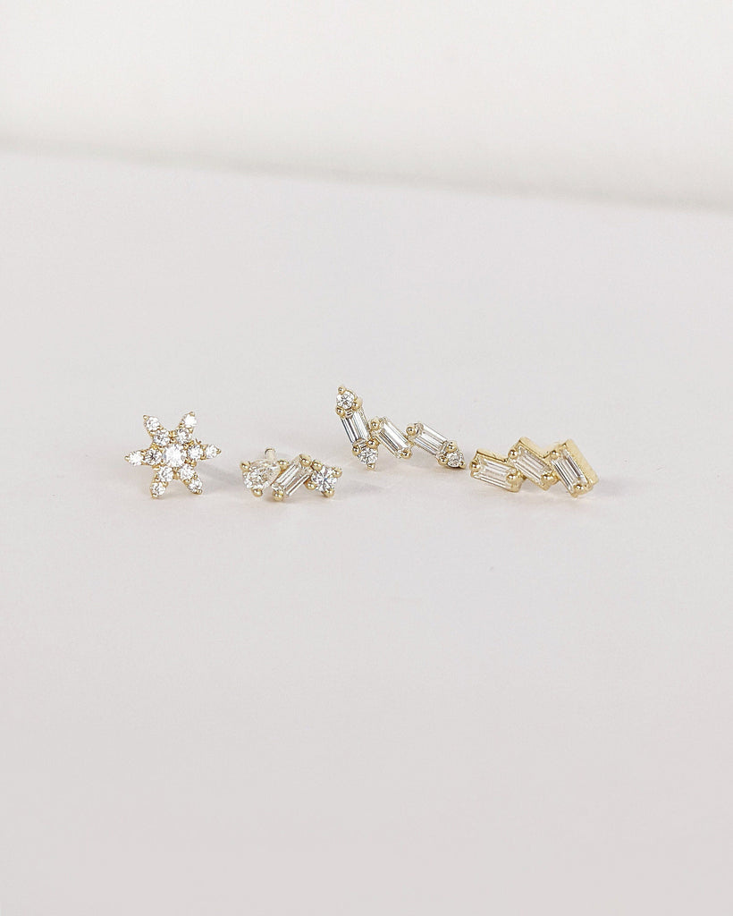 3 Stone Lab Created Diamond Studs Earrings Collection Set | 14K 18K Gold Platinum Women Jewelry | Baguette, Pear, Round cut Gemstone Earrings