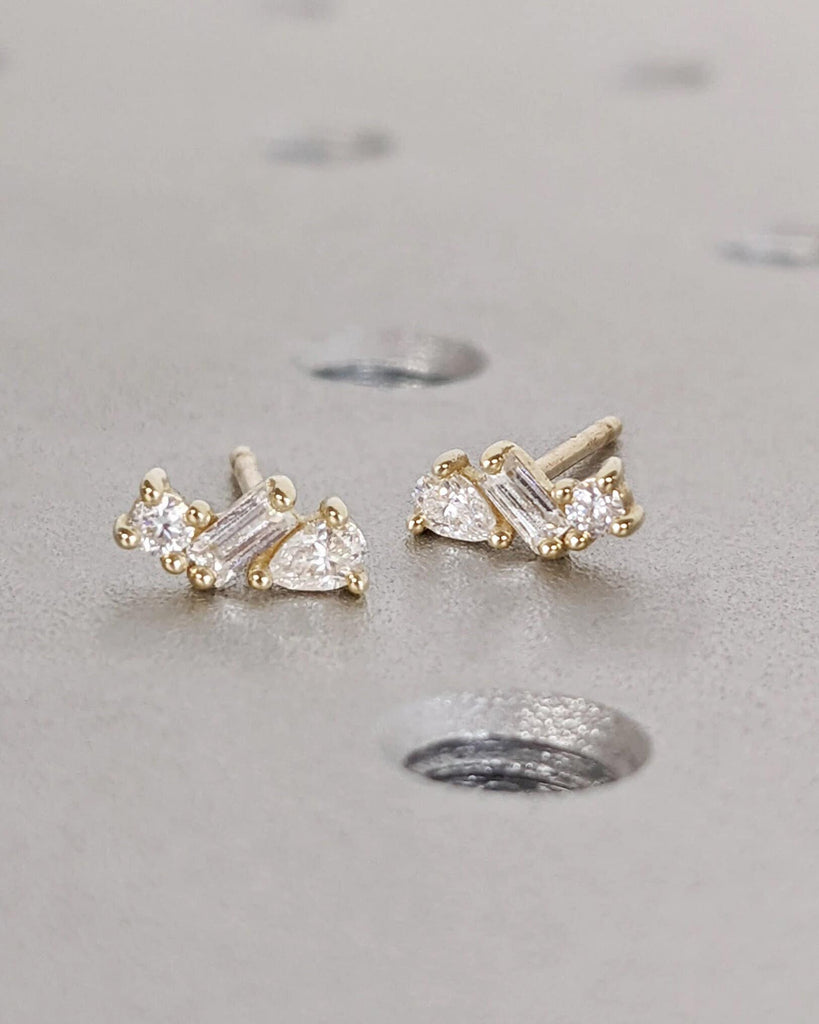 Lab Diamond Cluster Stud Earrings - Single (Half Pair) or Set - Pear Baguette Round Lab Diamonds - 14K 18K Gold Platinum - Unique Gift Idea