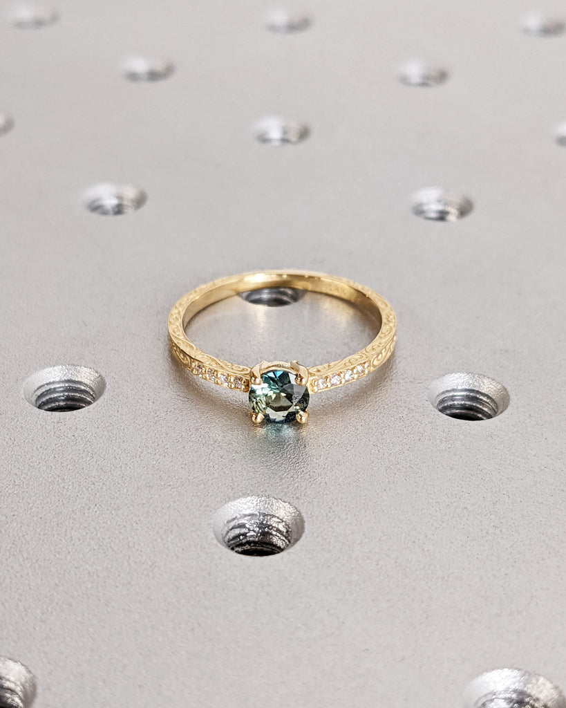 One of a Kind Montana Sapphire Ring, Blue Sapphire Diamond Cluster Ring, Vintage Inspired Blue Sapphire Engagement Ring, 18K Gold Green Teal