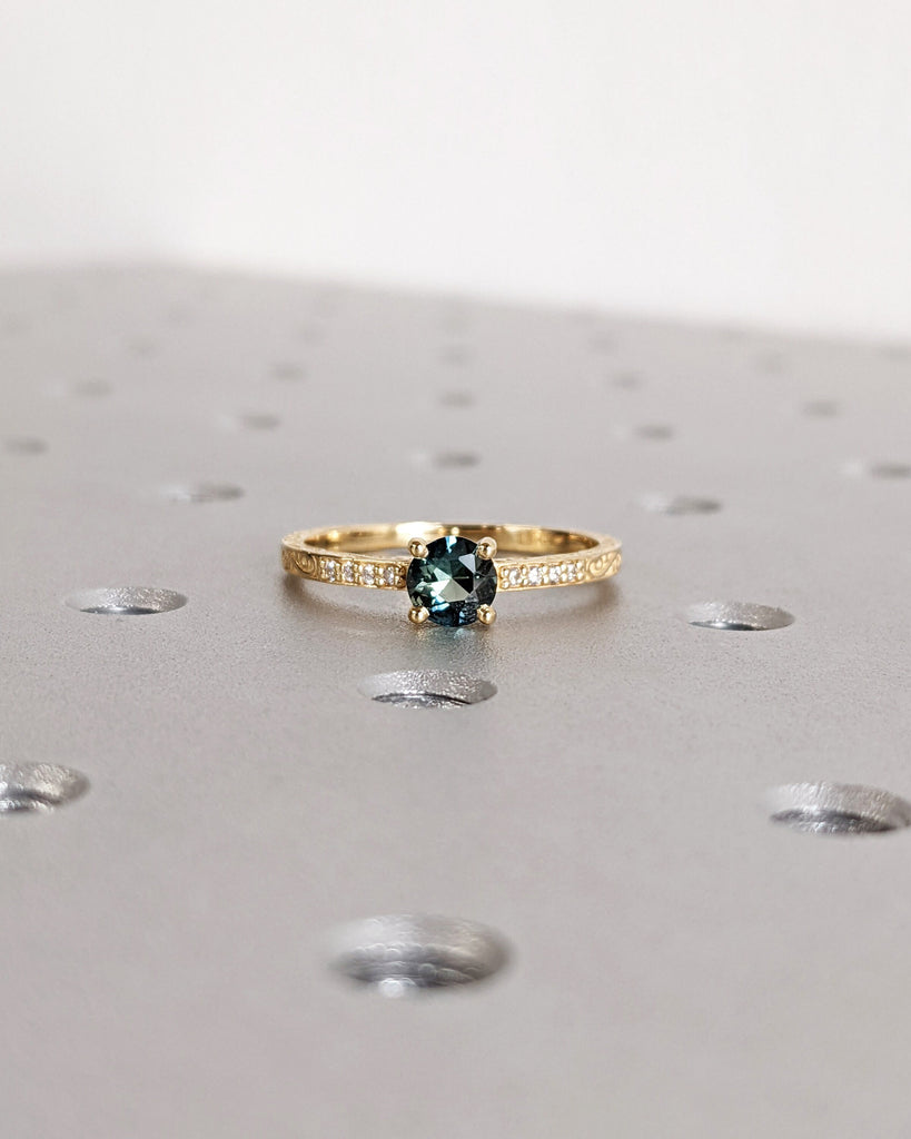 One of a Kind Montana Sapphire Ring, Blue Sapphire Diamond Cluster Ring, Vintage Inspired Blue Sapphire Engagement Ring, 18K Gold Green Teal