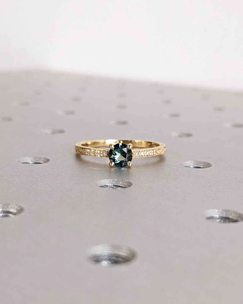 One of a Kind Montana Sapphire Ring, Blue Sapphire Diamond Cluster Ring, Vintage Inspired Blue Sapphire Engagement Ring, 18K Gold Green Teal