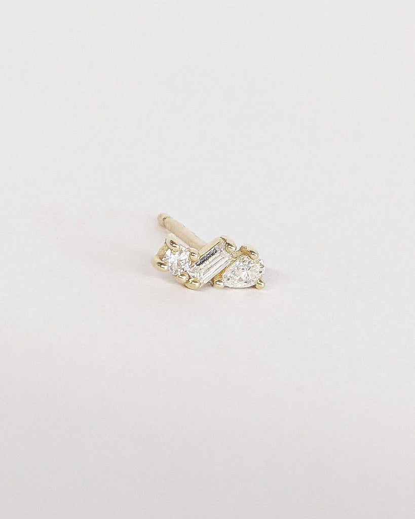 Natural Diamond Multi Stone Screw back Studs Earrings for Her. Round, Baguette, Pear cut Diamond 14K 18K Yellow Gold Studs Wedding Earrings