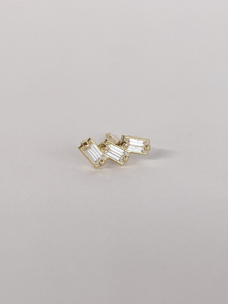 Mini Multi Stone Cluster Diamond Earrings / Trio Baguette Cut Minimalist Earrings / Yellow Gold Screw Back Studs Women Earrings For Everyday