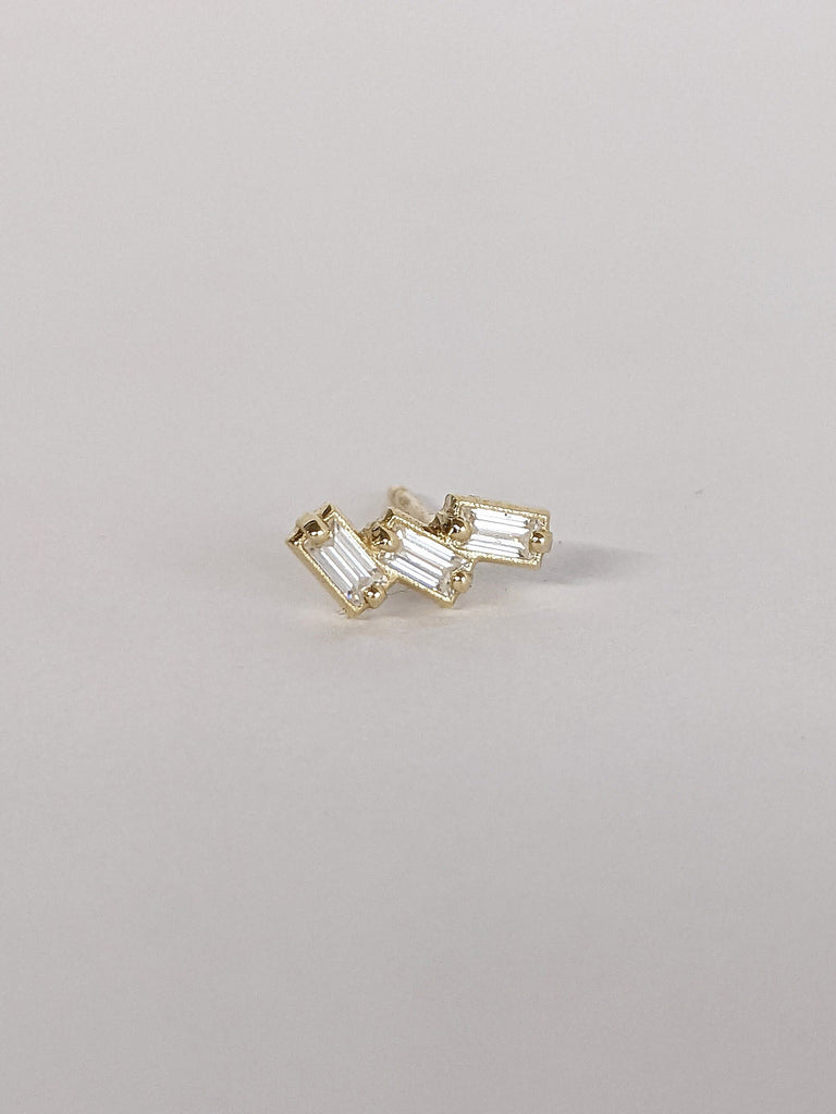 Minimalist Tiny Cluster Baguette Cut Diamond Earrings / Yellow Gold Screw Back Studs Women Earrings / Mini Trio Stones Earrings For Everyday