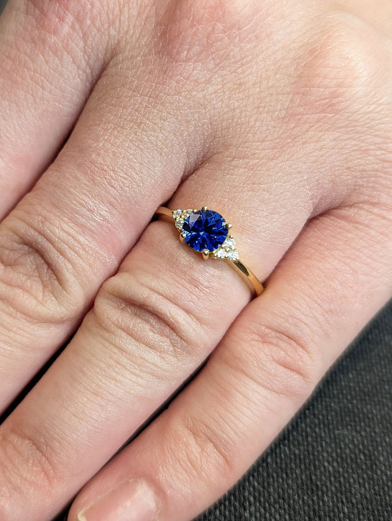 1ct Round cut September Birthstone Lab Sapphire Moissanite Cluster Birthday Anniversary Ring for Her Solid Gold Band