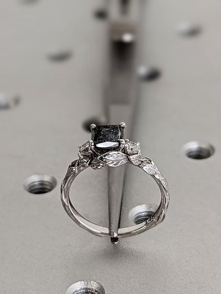 1ct Princess cut Natural Salt and Pepper Galaxy Diamond 14K White Gold Leaves Motif Promise Ring