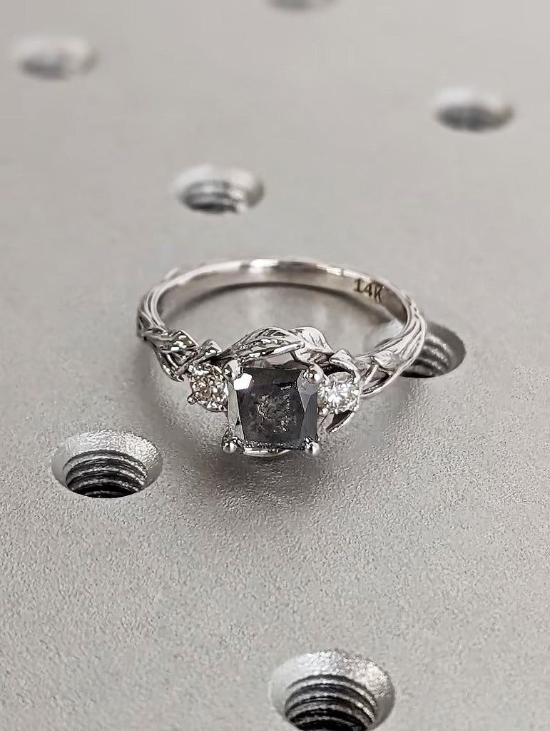1ct Princess cut Salt and Pepper Diamond 14K White Gold Engagement Cocktail Ring