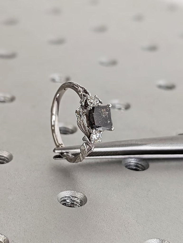 Nature Inspired 1ct Princess cut Natural Grey Salt and Pepper Diamond 14K 18K White Gold Women Wedding Ring