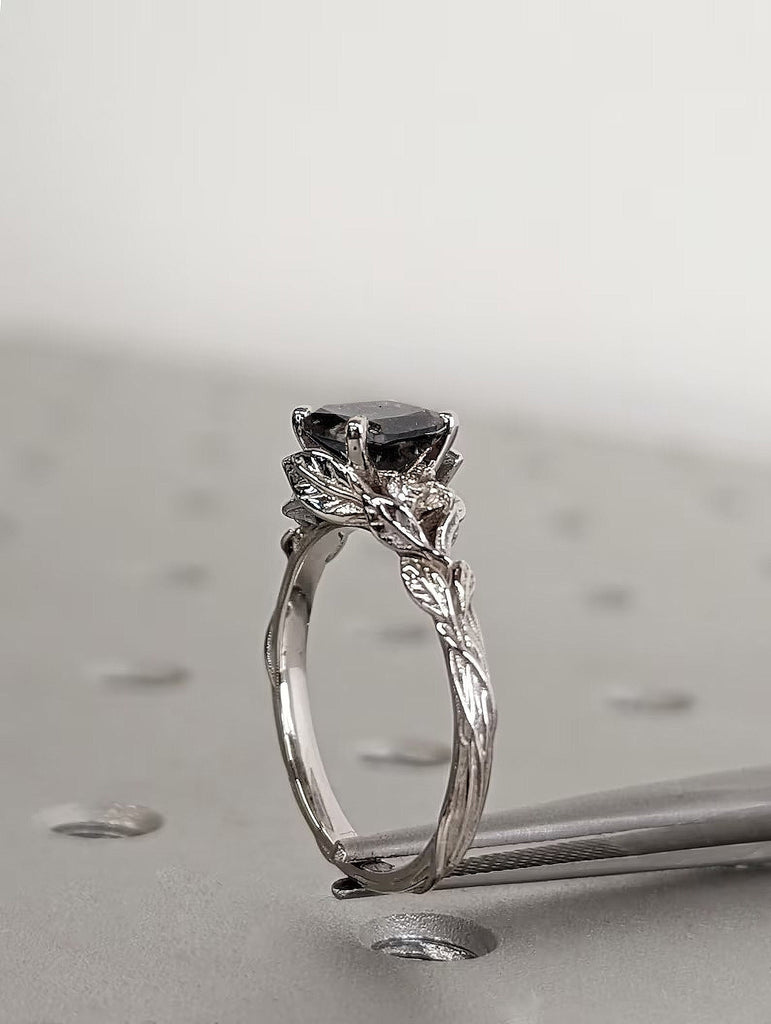 Nature Inspired 1ct Princess cut Salt and Pepper Diamond 14K White Gold Wedding Anniversary Ring for Her